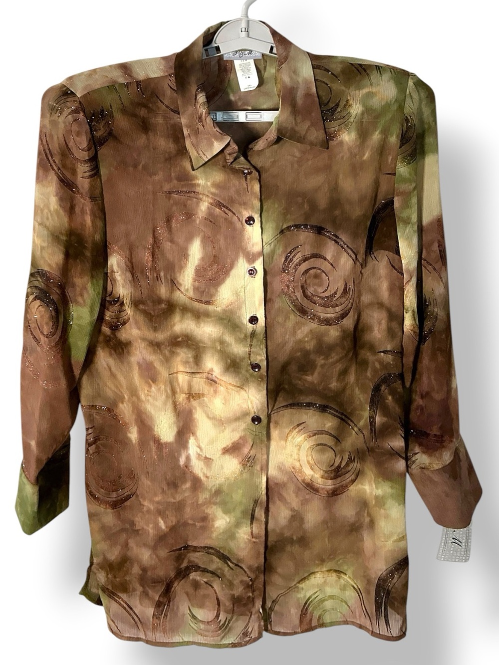 P&M Chiffon Button up Blouse Long Sleeve Long Top Earth Tone Glittery Plus 3X
